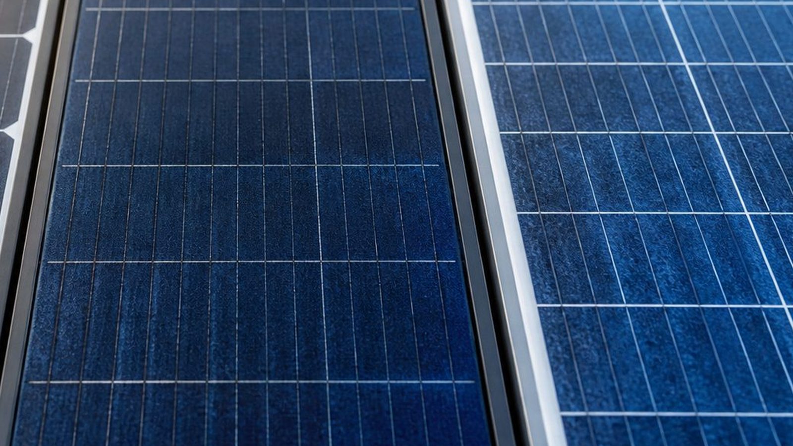 Close view of silicon solar cells in a module on a flat rooftop in bright daylight
