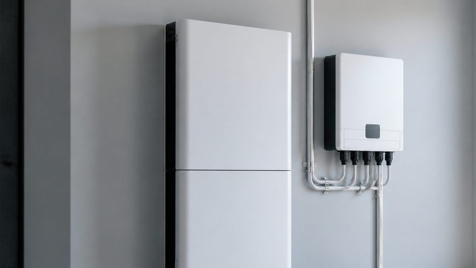 Wall-mounted lithium battery pack beside a hybrid solar inverter in a shaded utility room
