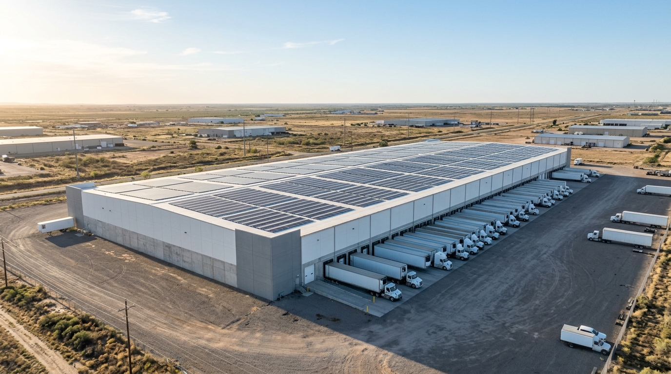 Commercial solar panel array on a modern cold storage facility roof
