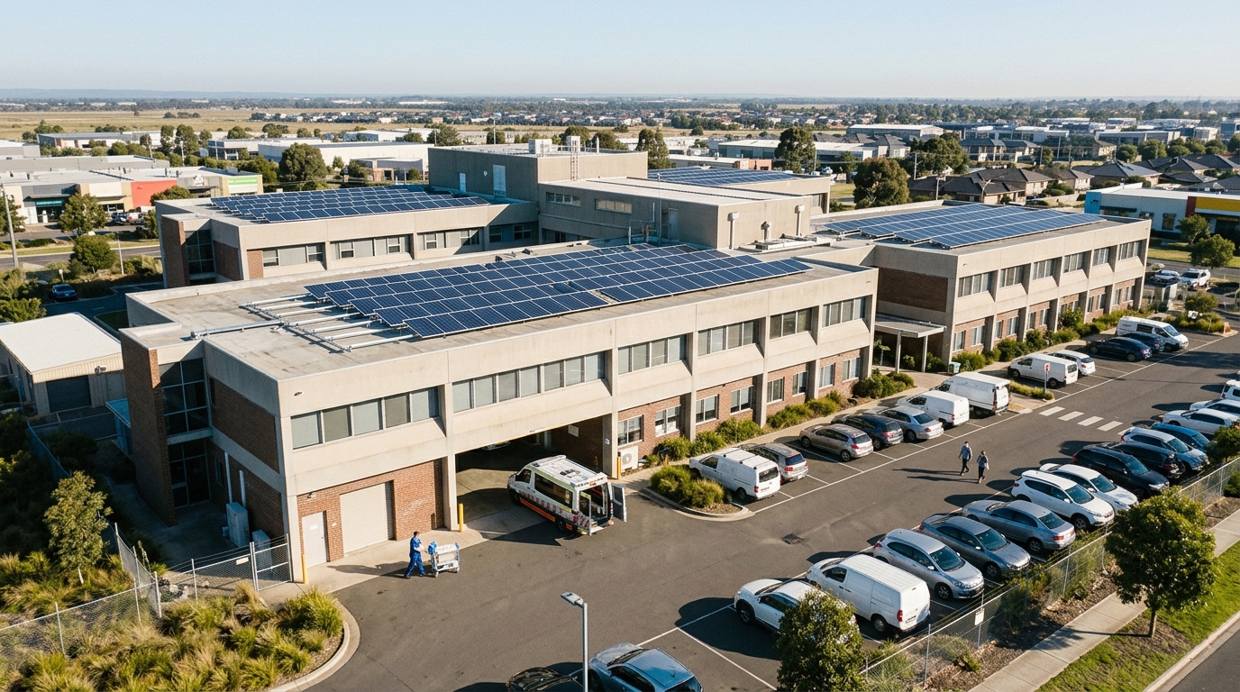Aerial view of rooftop solar installation on a multi-storey healthcare hospital facility