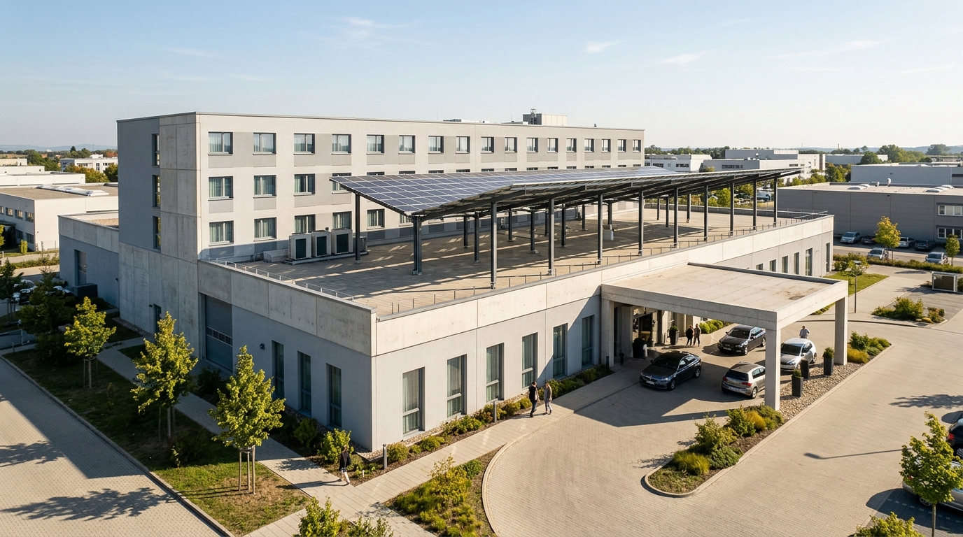 Commercial rooftop solar array integrated elegantly onto luxury resort and hotel building roofs