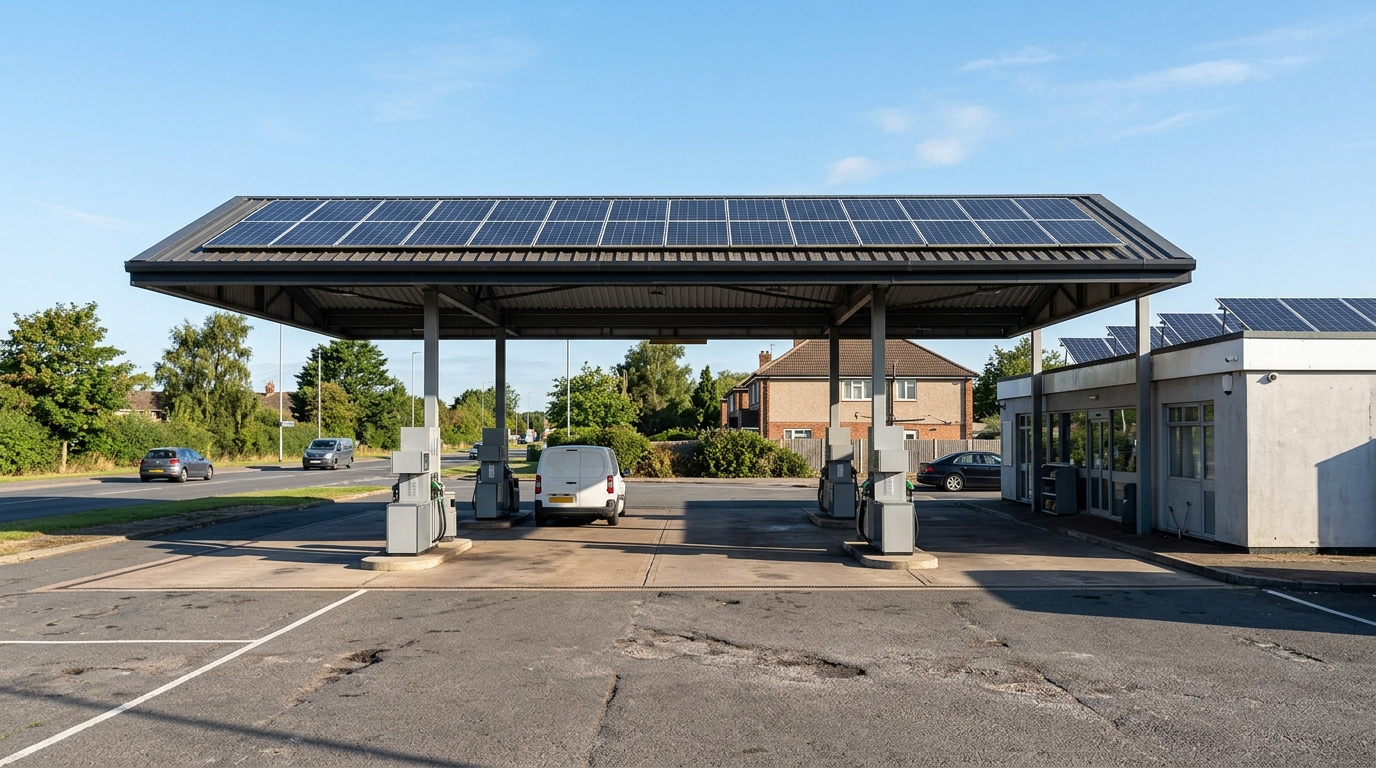 Modern highway petrol station canopy outfitted with sleek commercial solar panel installation