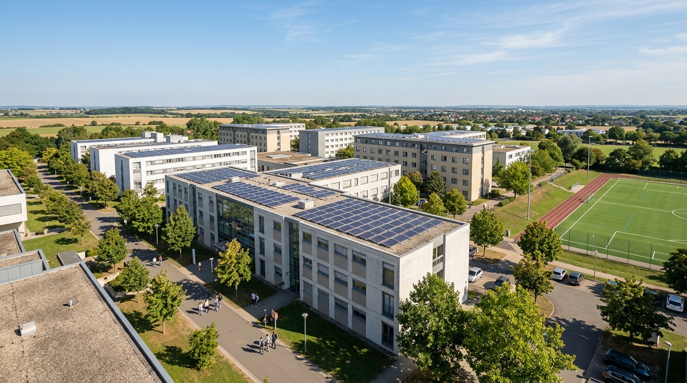 Aerial view of rooftop solar installation on university and educational college campus buildings