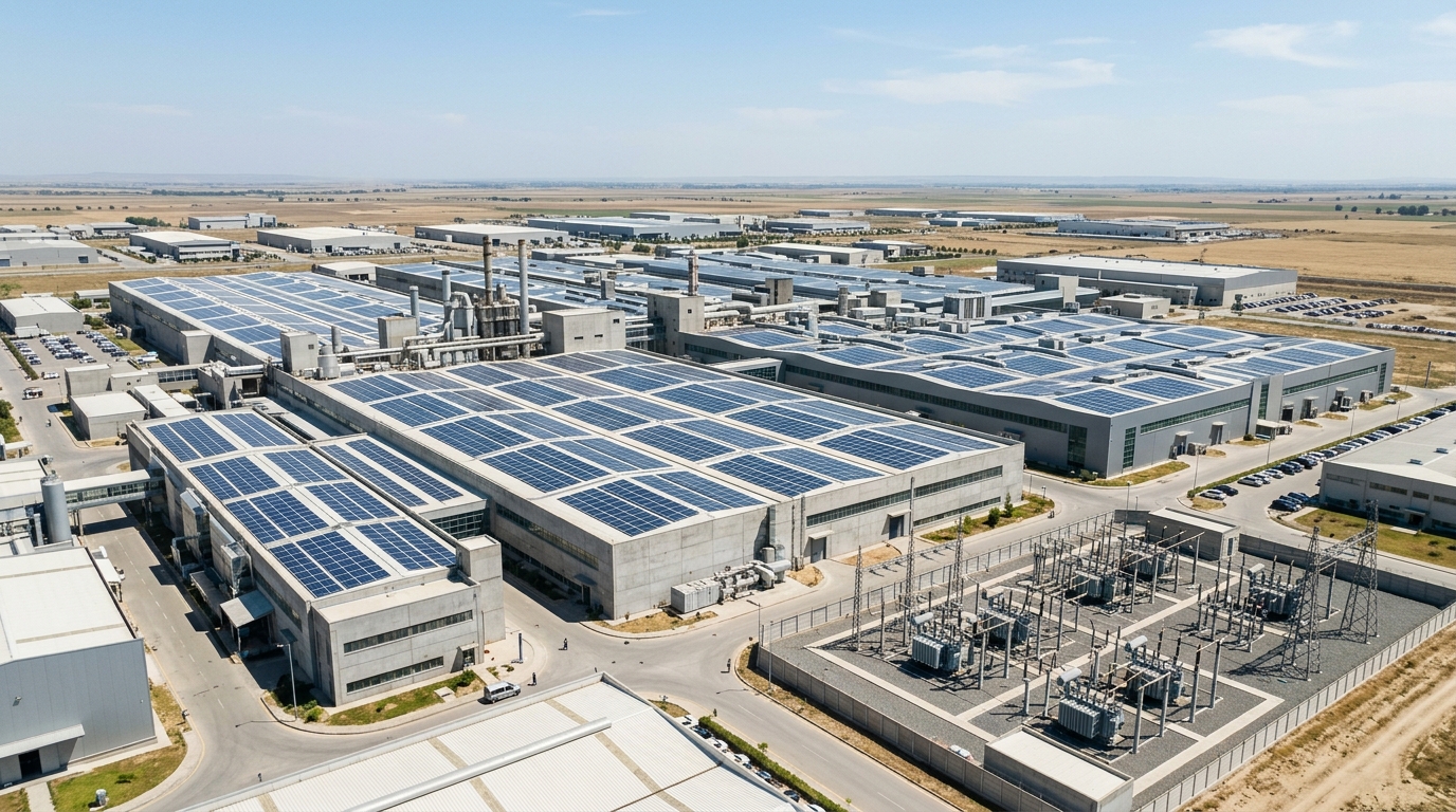 Commercial rooftop solar array covering large industrial textile spinning factory shed roofs