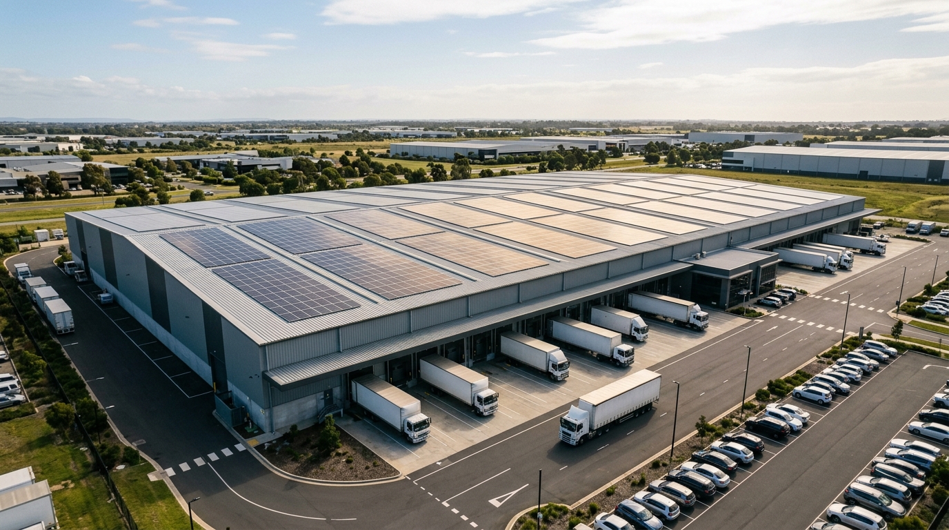 Vast commercial solar array installed across large logistics warehouse Pre-Engineered metal roof