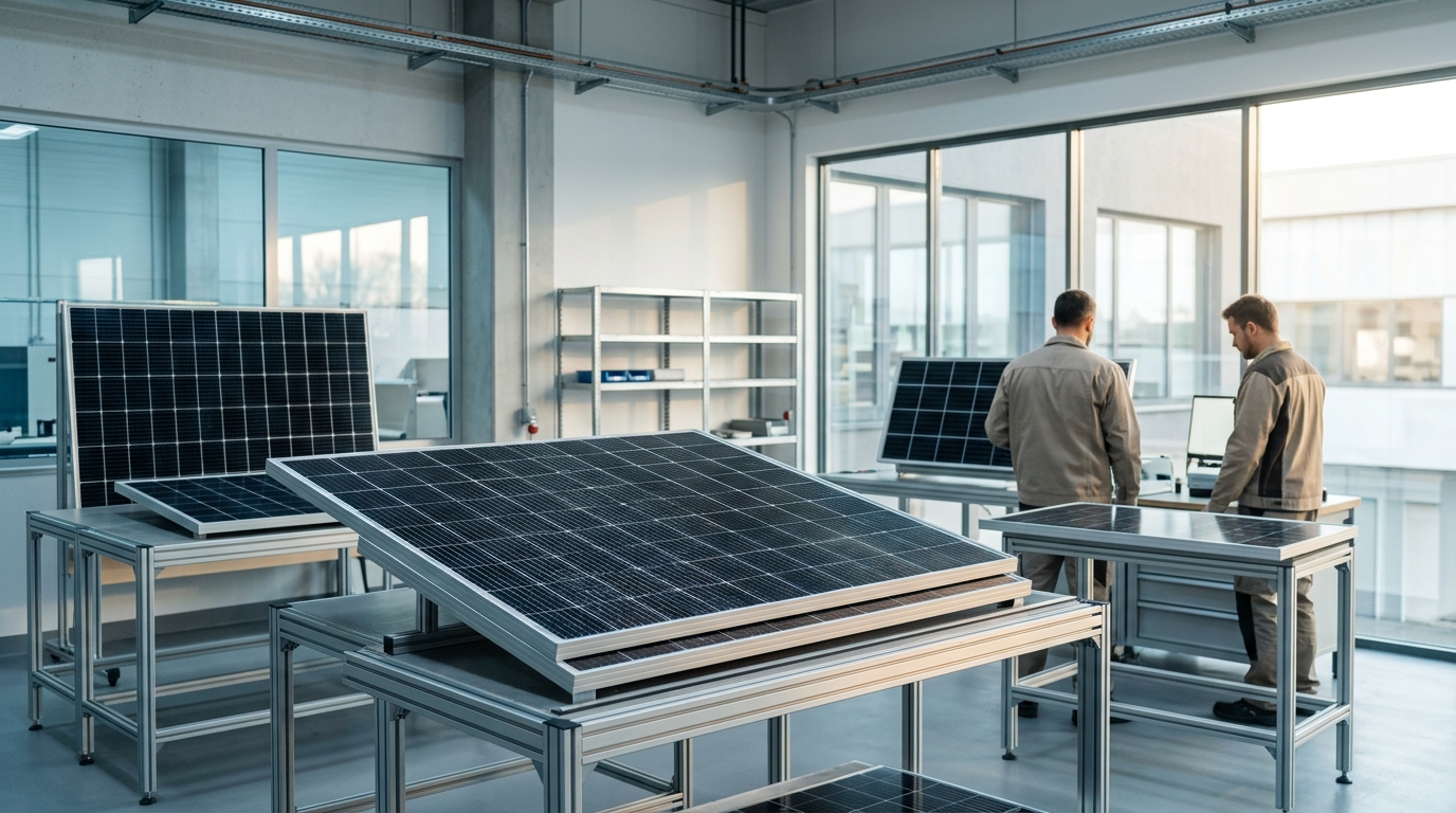 Testing laboratory displaying high-efficiency Tier-1 monocrystalline solar panels