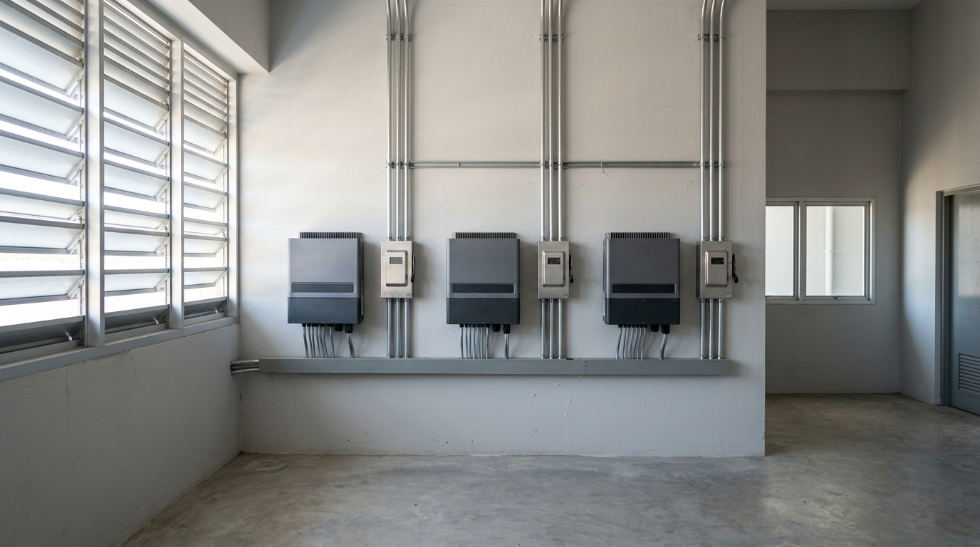 Commercial solar string inverters mounted in a tidy plant room